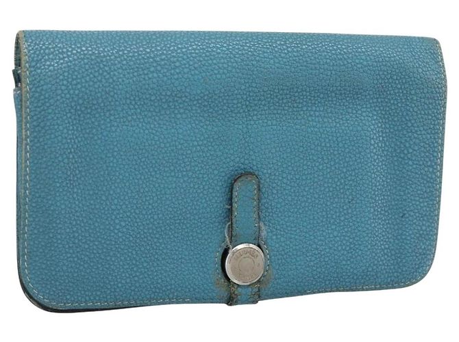 Hermès HERMES Dogon GM Wallet Leather Light Blue Silver Auth BA13622 Silvery
