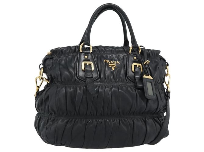 PRADA Gathered Hand Bag Leather 2way Black Gold Auth 188842V Golden