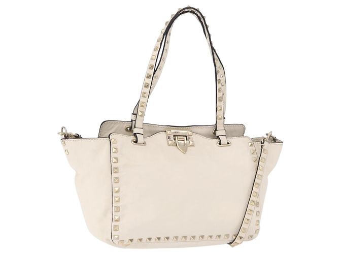 VALENTINO Studs Tote Bag Leder 2way White Gold Auth BA13505 Weiß Golden