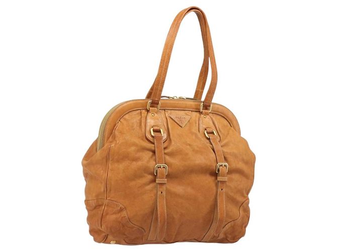 Bolsa de Ombro PRADA em Couro 2way Marrom Ouro Auth 186428V Dourado