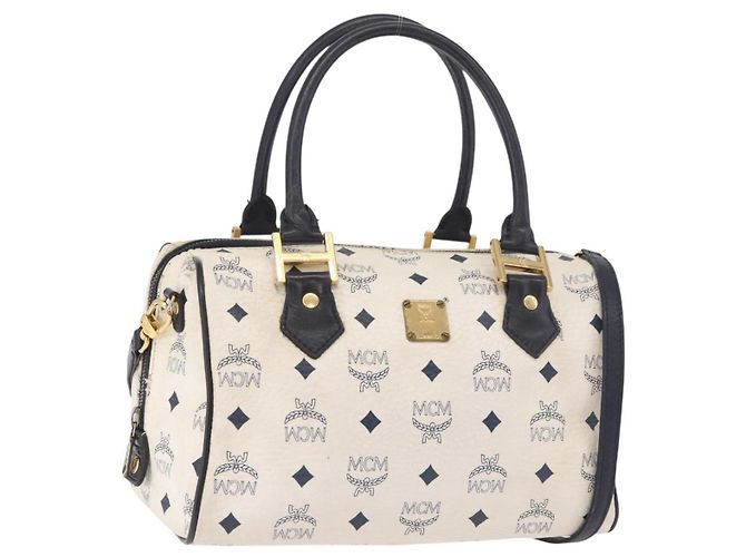 Bolsa Boston MCM Vicetos Logogram PVC Couro 2way White Gold Auth 188869 Branco Dourado