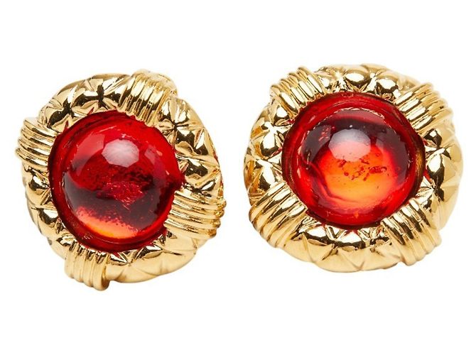 Chanel Gripoix runde Ohrringe Rot Golden