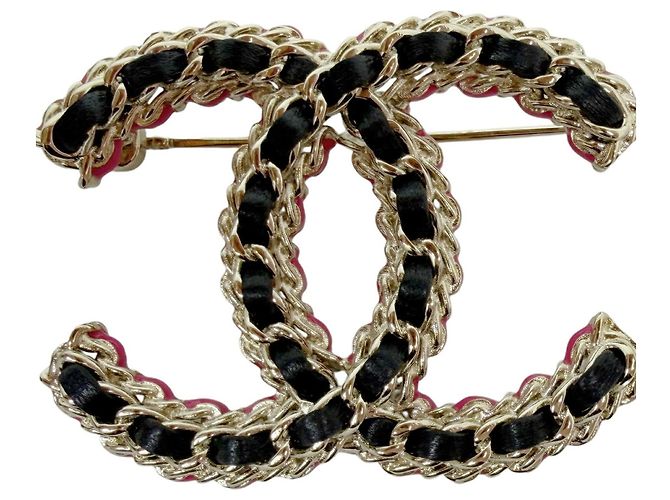 Chanel CC Brosche Schwarz Rosa Gold Leder Pink Golden