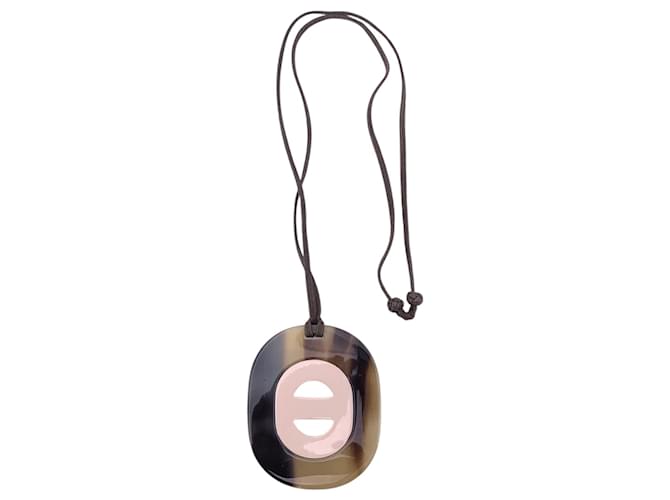 Hermès Hermes Paris Lacquered Buffalo Fidelio Necklace Oval Pendant Pink 