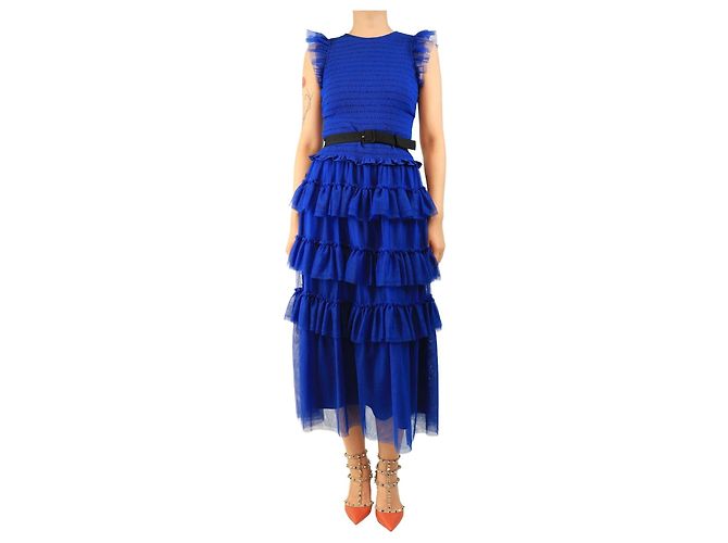 Autre Marque Maxikleid aus blauem Tüll mit Rüschen - Größe UK 8