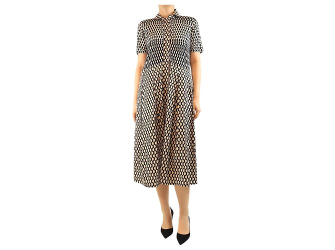 Autre Marque Midikleid mit neutralem und schwarzem Ellipsenmuster - Größe UK 10
