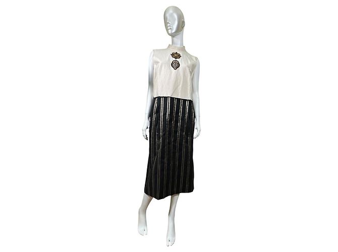 Dries Van Noten Vestido de rayas sin mangas con adornos Negro Blanco Dorado