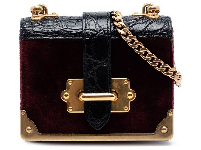 Bolsa transversal Prada Velluto Cahier em veludo com acabamento em couro micro croc embossado vermelho Bordeaux