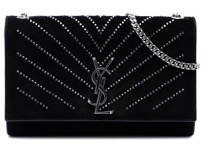Bolsa transversal Kate Monogram em camurça preta e cristais Saint Laurent Preto