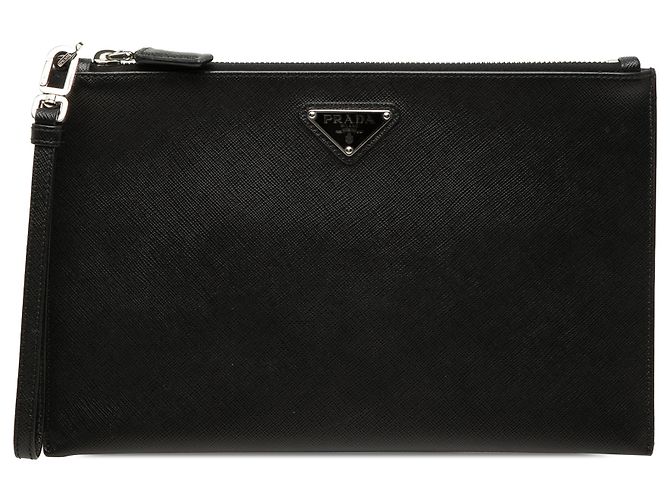Prada Black Saffiano Wristlet Clutch Schwarz