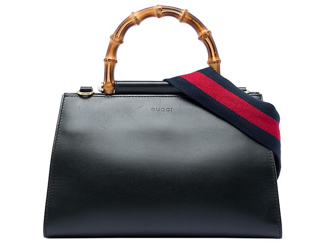 Bamboo Borsa Nymphaea in pelle di vitello nera e bambù con web Gucci, piccola Nero