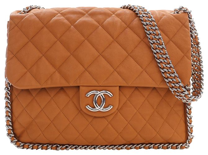 Chanel Maxi Quilted Washed Lambskin Marrom Chain Around Flap Camelo