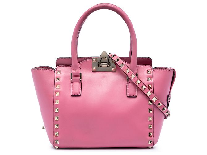 Sacola Valentino Pink Mini de couro Rockstud com alça dupla Rosa