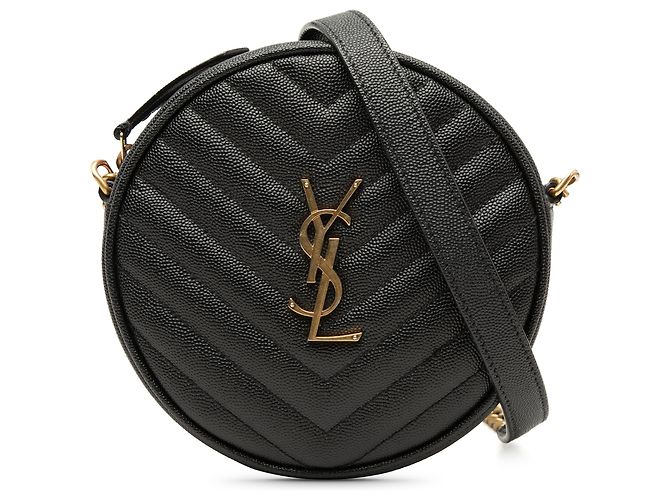 Bolsa camera de vinil preto com textura grain de poudre e chevron Saint Laurent