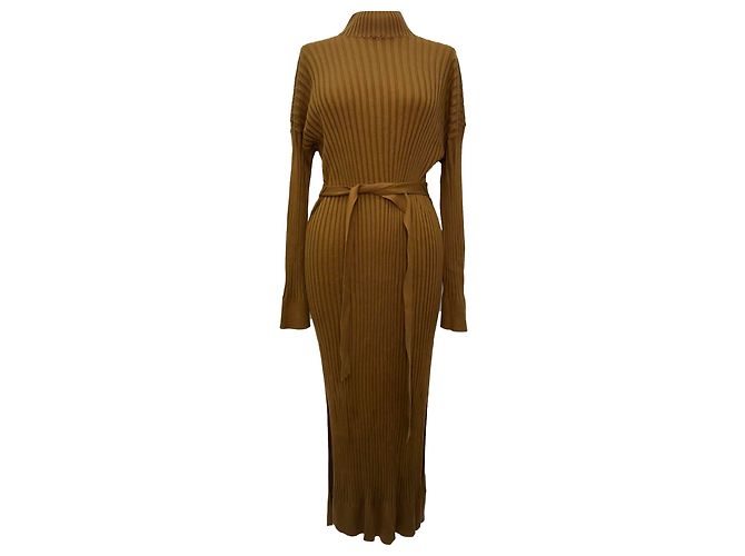 Proenza Schouler Geripptes Langarm-Midikleid aus brauner Seide Rot