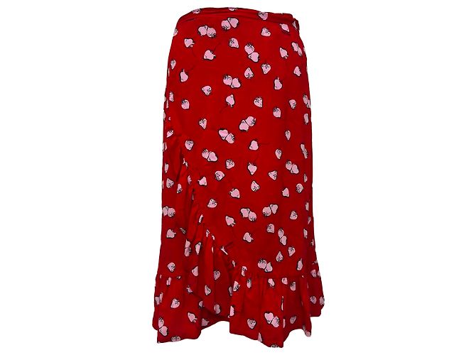 Saia midi transpassada Miu Miu com estampa de morango em viscose vermelha Vermelho