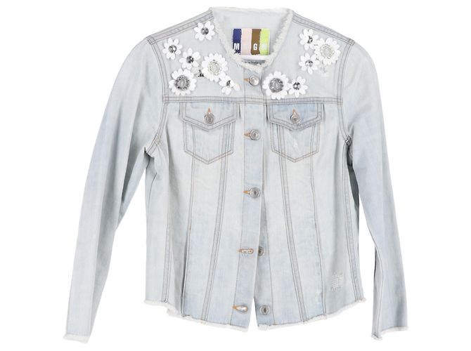 Msgm Jaqueta jeans com adornos florais em denim de algodão azul Azul claro