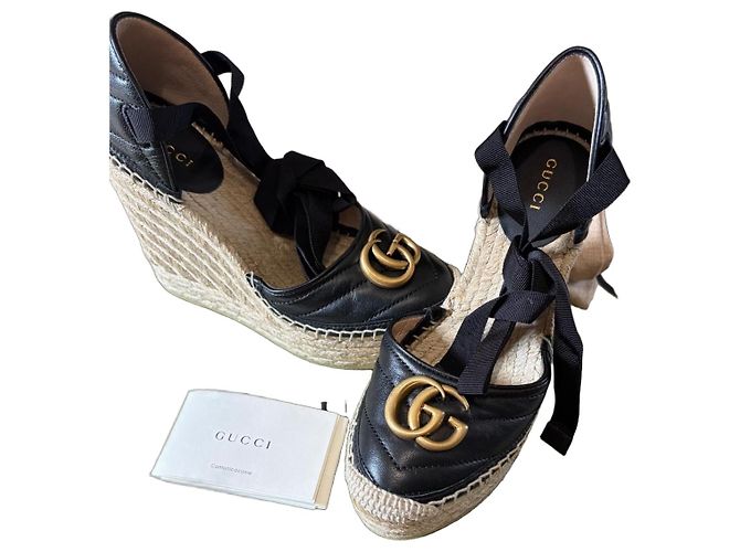 Gucci Keilabsatz-Espadrilles aus schwarzem Leder