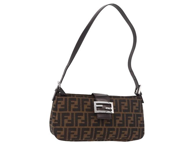 Borsa a Spalla FENDI Zucca Canvas Nero Marrone Auth 188466SAM