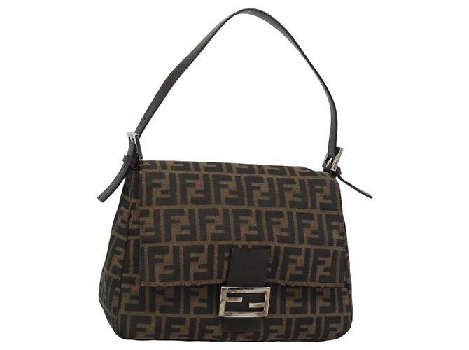 FENDI Zucca Canvas Mamma Baguette Borsa a Spalla Nero Argento Marrone Auth 186462V