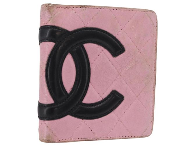 CHANEL Cambon Line Bifold Wallet Leather Pink Silver CC Auth bs35716 Silvery