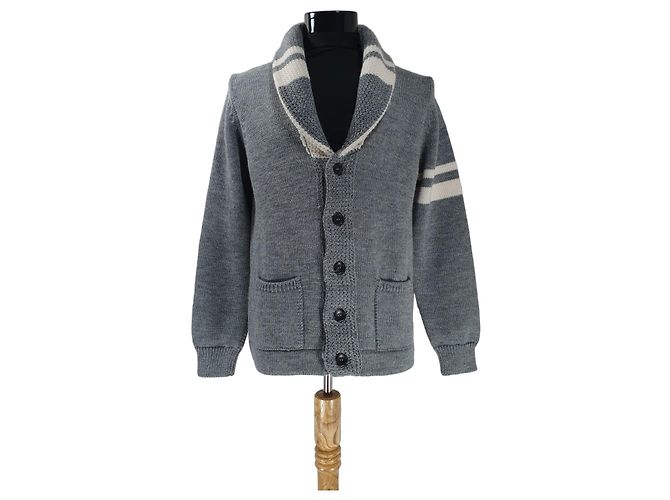Roberto Collina graue Wollstrickjacke mit Streifen Weiß