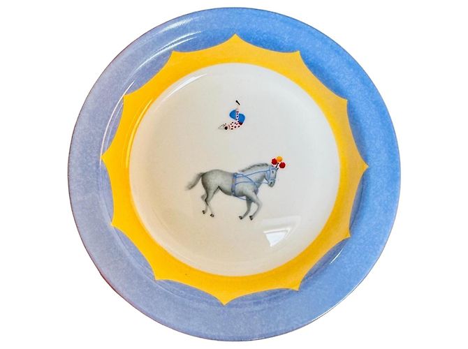 Hermès "Le clown acrobate" Fine Bone China Plate Pink White Red Blue Grey Yellow