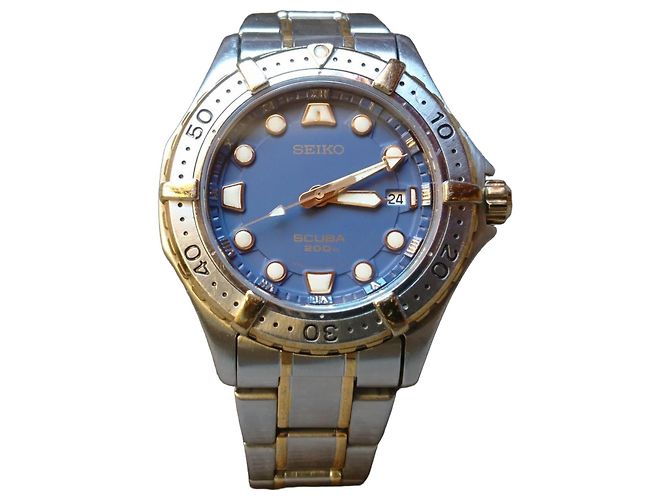 Seiko Scuba 7N35-6060 Relógio Quartz Azul Dourado