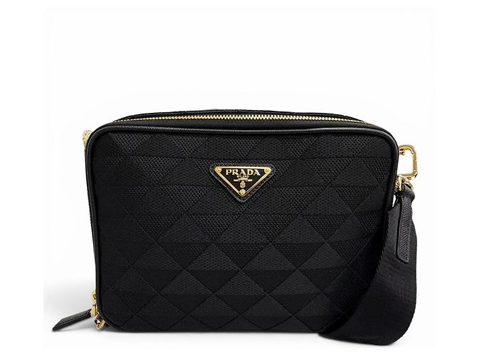 Prada 2VH069 Brick Triangle Logo Jacquard Leather Shoulder Bag Black