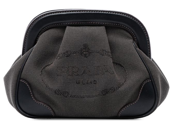 Pochette Prada Brown Canvas Canapa Logo Frame Marrone Marrone scuro