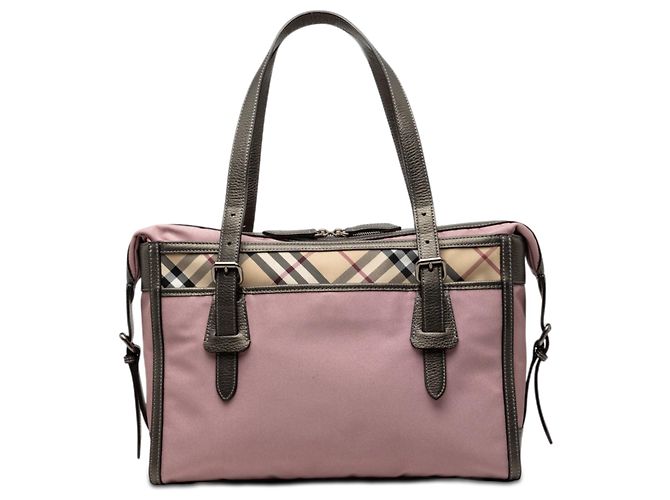 Tote de lona Burberry rosa com padrão Nova Check e acabamento em couro