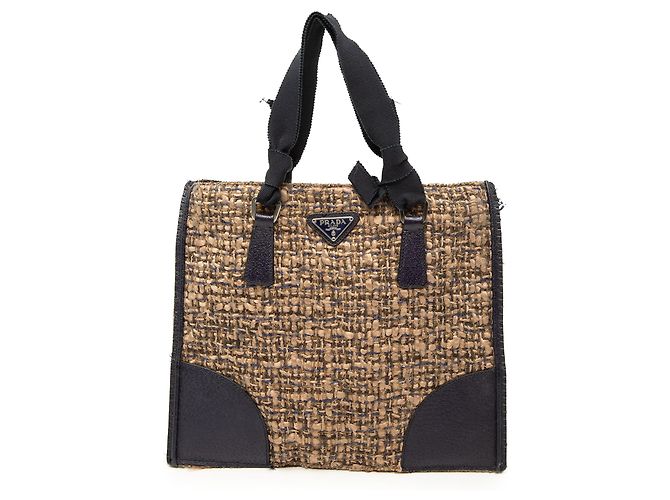 Bolsa de mão plana em tweed com acabamento em vitello marrom Prada Castanho claro