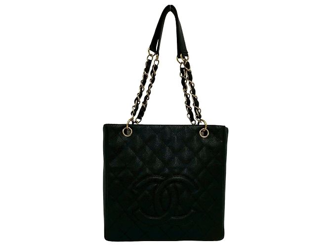 Bolsa Tote Chanel PST Coco Mark em couro caviar com corrente Preto