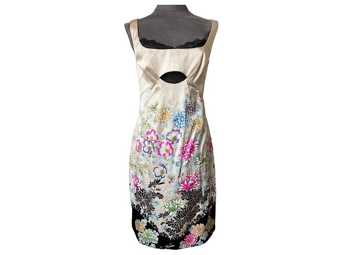 Roberto Cavalli Seiden-Sommerkleid Schwarz Mehrfarben Beige