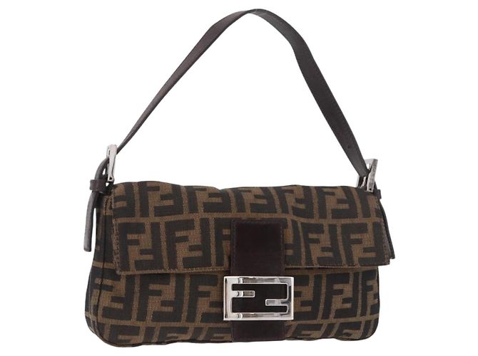 FENDI Zucca Canvas Mamma Baguette Borsa a Spalla Nero Marrone Argento Auth 189252SAM