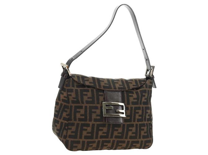 FENDI Zucca Canvas Mamma Baguette Borsa a Spalla Nero Marrone Auth 186463V