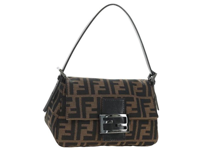 FENDI Zucca Canvas Mamma Baguette Mini Shoulder Bag Black Brown Auth yk20529SAM