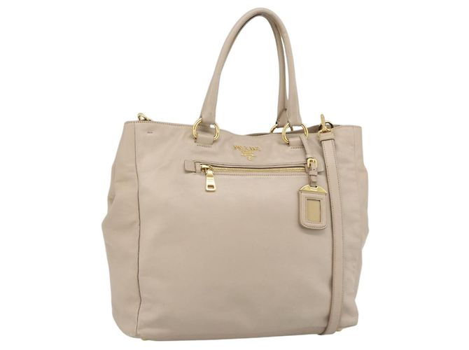 Bolsa PRADA de couro 2way Bege Ouro Auth 186432A Dourado