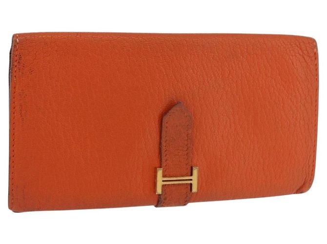 Hermès HERMES Bane Souffle Long Wallet Leather Orange Gold Auth bs35718
