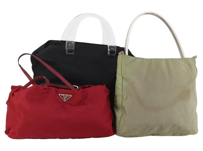 Borsa PRADA Nylon 3 Set Rosso Nero Khaki Auth 185271 Cachi