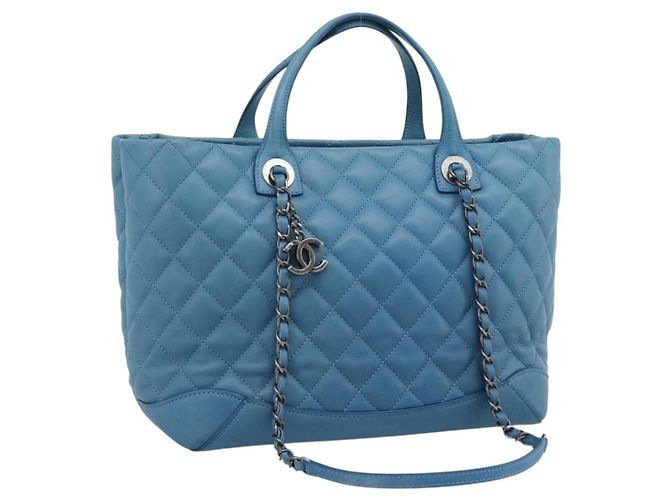 CHANEL Matelasse Chain Shoulder Bag Leather 2way Blue Silver CC Auth 189071M Plata Azul