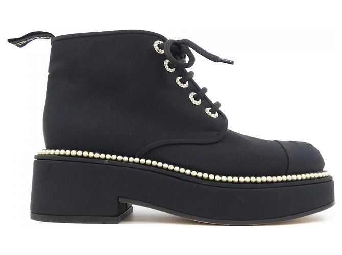 Classique Bottines CHANEL LACE UP Grogram Noir