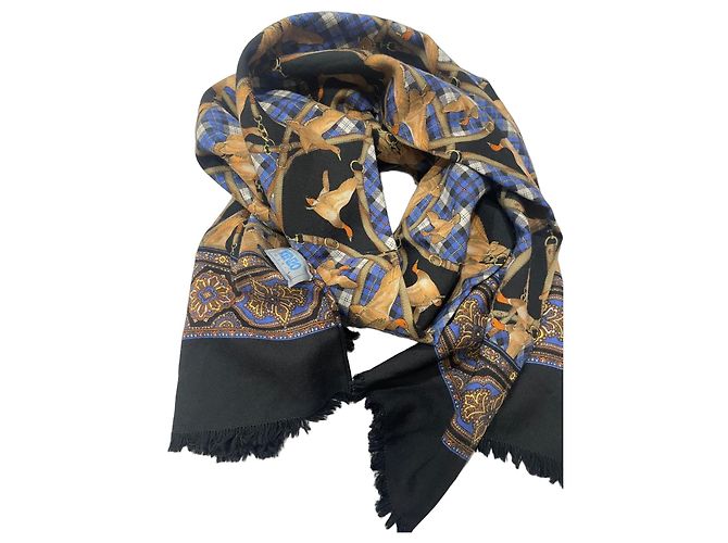 Kenzo Lenço de Seda Estampa Patos Marrom Preto Azul Dourado