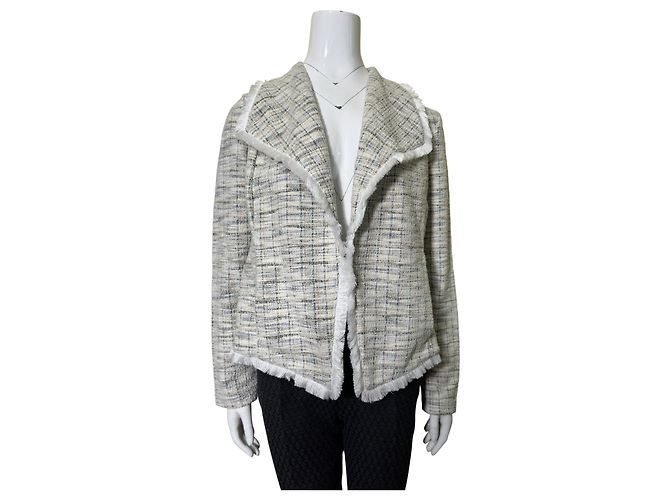 Rachel Zoe Jaqueta de Tweed com Franjas Branco Azul Bege Castanho claro