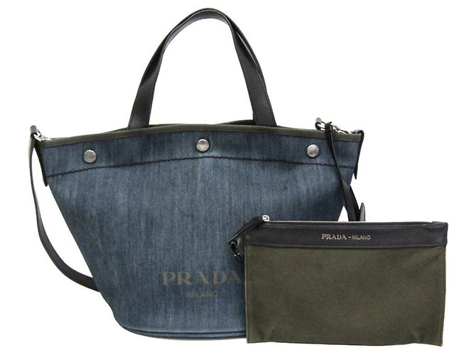 Borsa tote a tracolla in denim e pelle blu navy Prada 1BG244