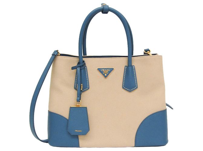 Prada Saffiano Double Bag Medium BN2775 Blu Beige 