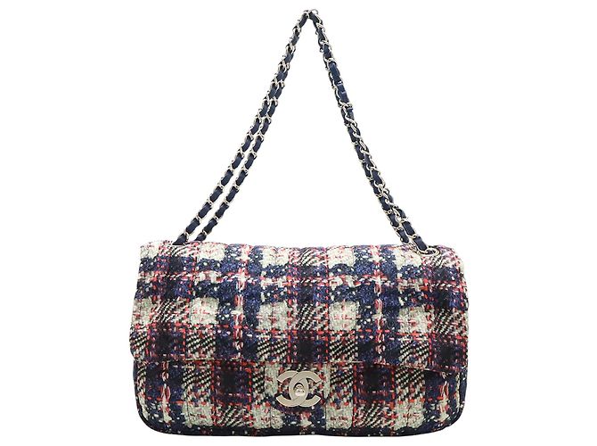 Chanel Blue CC Tweed Print Nylon Single Flap Blu navy