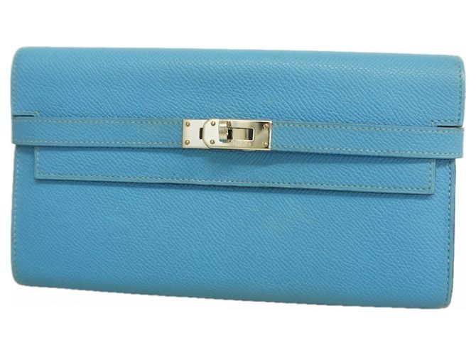 Cartera larga Kelly Hermès en Azure Azul