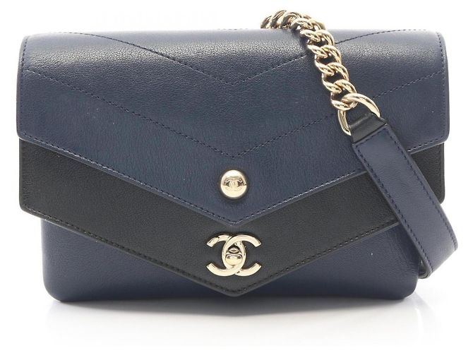 Borsa a Spalla Chanel Chevron V-stitch Nero Blu navy