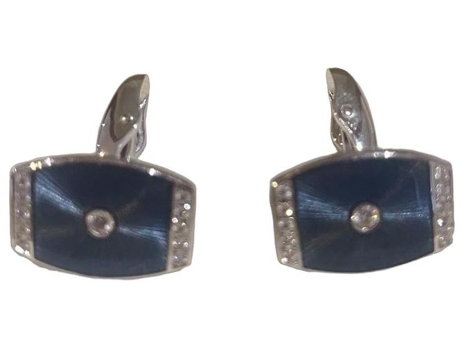 Abotoaduras Faberge esmalte azul e diamantes Branco Hardware prateado